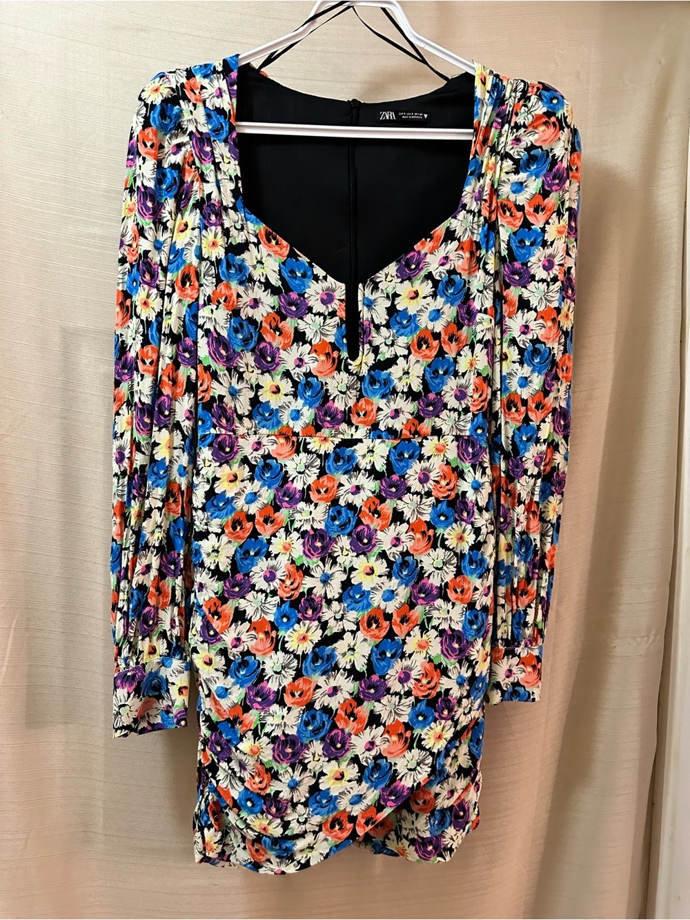 Zara Floral Long Sleeve Mini Dress Puff Shoulder Draped Skirt Size Small
